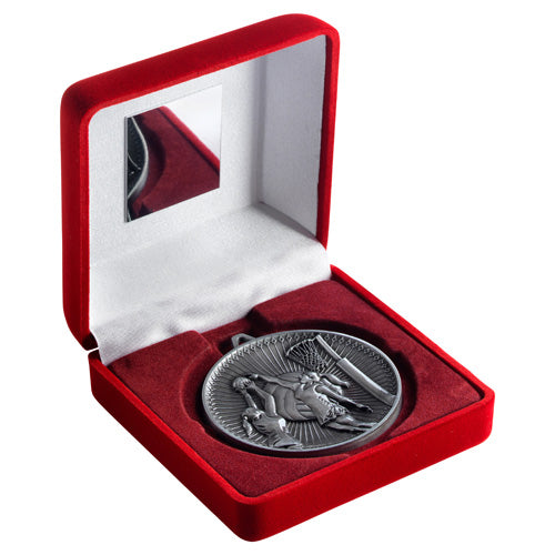 Red Velvet Box And 60Mm Medal Netball Trophy Antique Silver - 4In