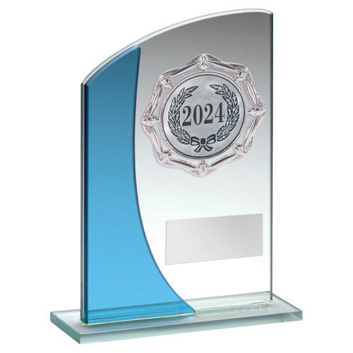Jade/Blue Glass Plaque With Silver Trim Trophy (2In Centre) - 7In