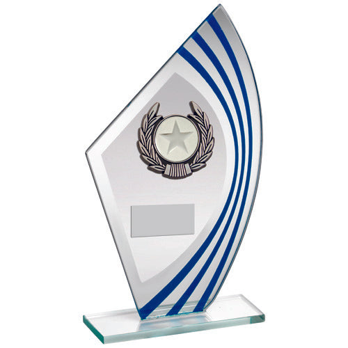 Jade/Blue/Silver Sail Glass With Silv/Blk Wreath Trim Trophy (1in Cen) - 8In