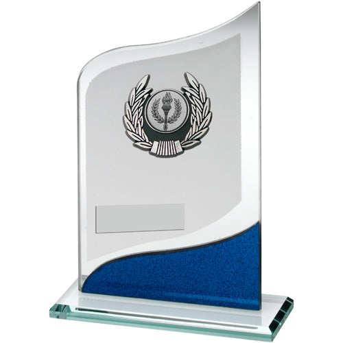 Jade/Blue/Silver Pointed Glass With Silver/Blk Trim Trophy (1in Centre) - 7.25In