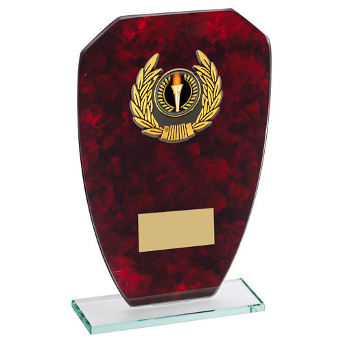 Jade Glass With Red Marble Backing And Gold Trim Trophy (1in Centre) - 6.5In