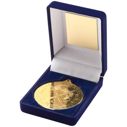 Blue Velvet Box And 50Mm Medal Hockey Trophy Gold - 3.5In