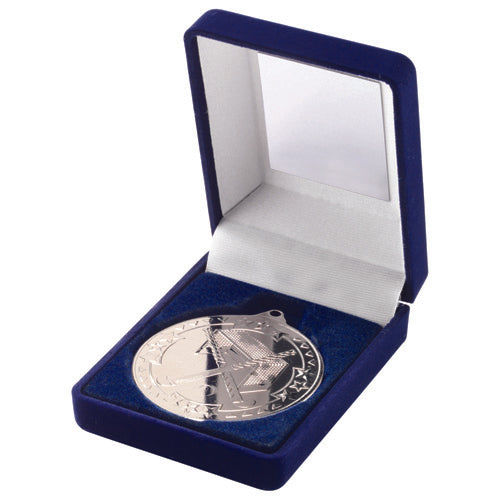 Blue Velvet Box And 50Mm Medal Hockey Trophy Silver - 3.5In