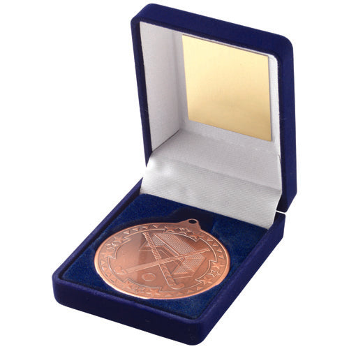 Blue Velvet Box And 50Mm Medal Hockey Trophy Bronze - 3.5In