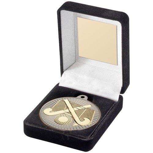 Black Velvet Box And 50Mm Hockey Medal Trophy Matt Silver/Gold - 3.5In