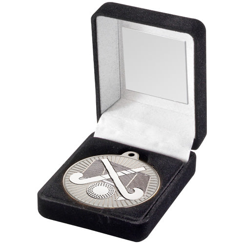 Black Velvet Box And 50Mm Hockey Medal Trophy Matt Silver/Silver - 3.5In