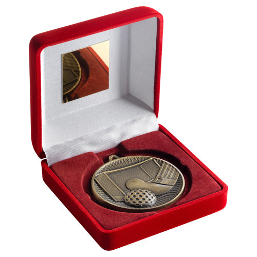 Red Velvet Box And 60Mm Medal Hockey Trophy Antique Gold - 4In