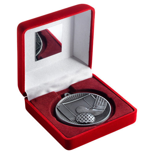 Red Velvet Box And 60Mm Medal Hockey Trophy Antique Silver - 4In