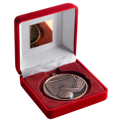 Red Velvet Box And 60Mm Medal Hockey Trophy Bronze - 4In