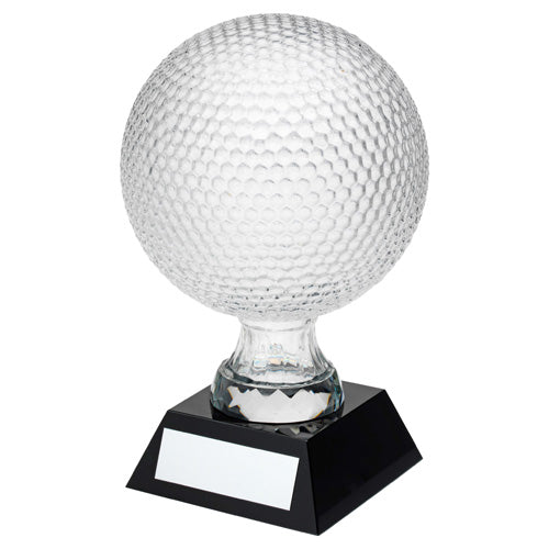 Clear Glass Golf Ball On Black Base With Plate - (4" Dia) 6.5In