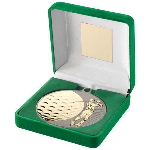 Green Velvet Box And 70Mm Golf Medal Trophy Matt Silver/Gold - 4In