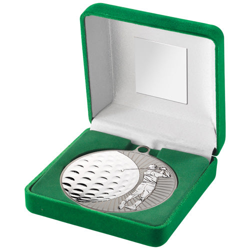 Green Velvet Box And 70Mm Golf Medal Trophy Matt Silver/Silver - 4In