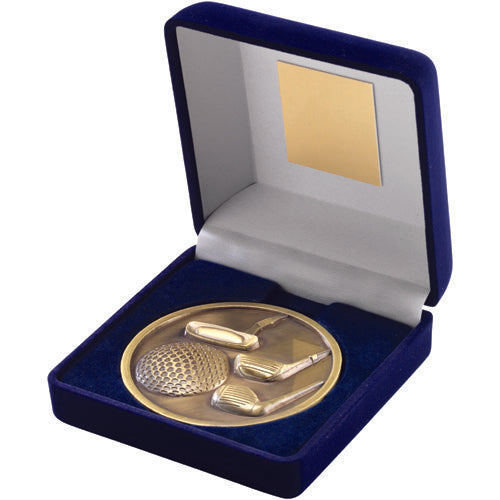 Blue Velvet Box And 70Mm Medallion Golf Trophy Antique Gold - 4In