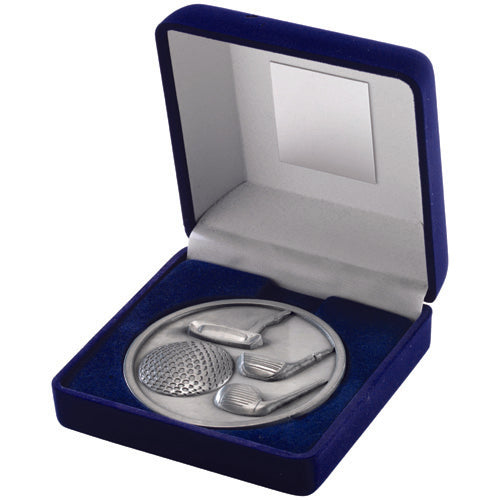 Blue Velvet Box And 70Mm Medallion Golf Trophy Antique Silver - 4In