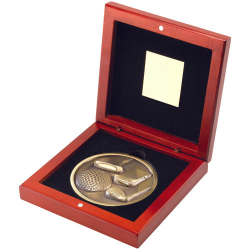 Rosewood Box And 70Mm Medallion Golf Trophy Antique Gold - 4.5In