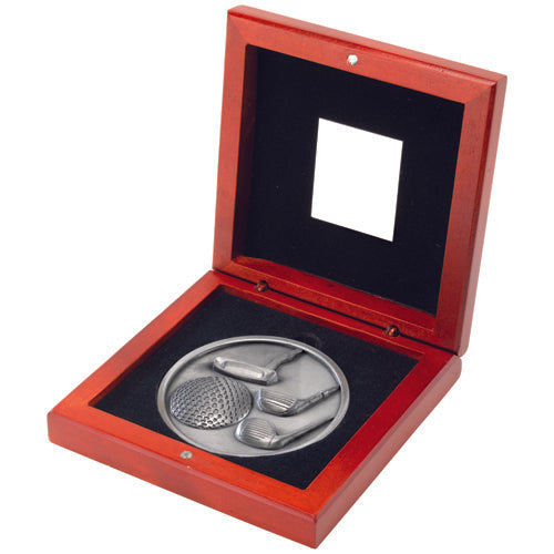 Rosewood Box And 70Mm Medallion Golf Trophy Antique Silver - 4.5In