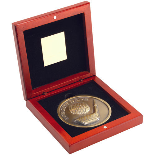 Rosewood Box And 70Mm Medallion Golf Trophy Antique Gold Longest Drive - 4.5In