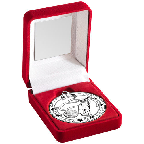 Red Velvet Box And 50Mm Medal Golf Trophy Silver - 3.5In