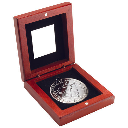 Rosewood Box And 50Mm Medal Golf Trophy Silver - 3.75In