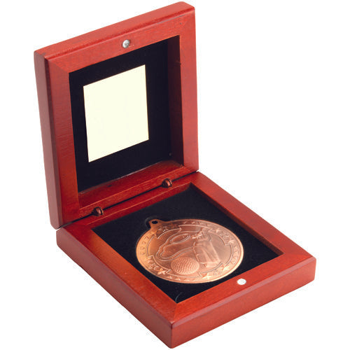 Rosewood Box And 50Mm Medal Golf Trophy Bronze - 3.75In