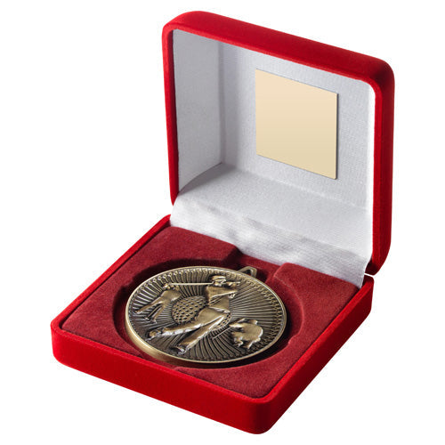 Red Velvet Box And 60Mm Medal Golf Trophy Antique Gold - 4In