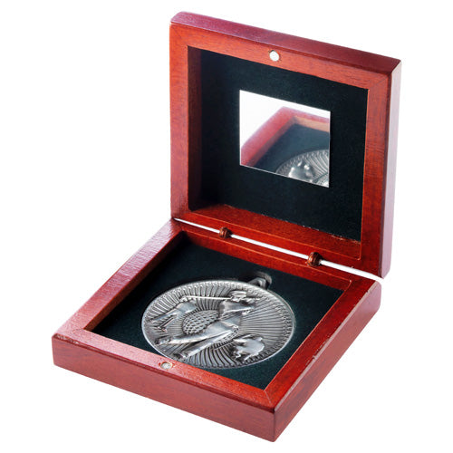 Rosewood Box And 60Mm Medal Golf Trophy Antique Silver - 4.25In