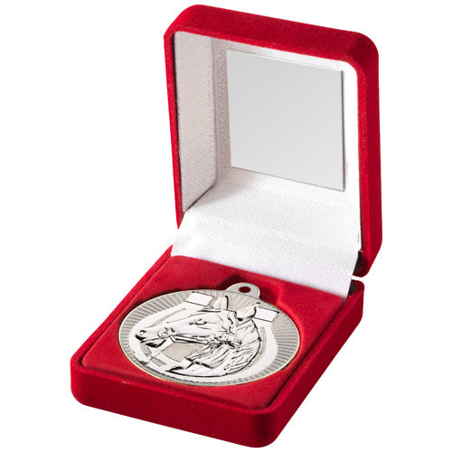 Red Velvet Box And 50Mm Horse Medal Trophy Matt Silver/Silver - 3.5In