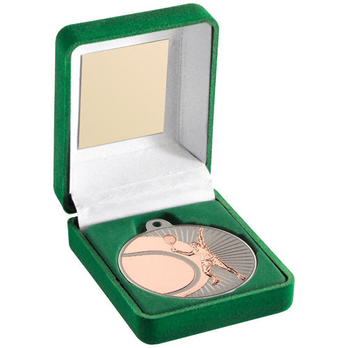 Green Velvet Box And 50Mm Tennis Medal Trophy Matt Silver/Bronze - 3.5In