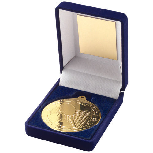 Blue Velvet Box And 50Mm Medal Tennis Trophy Gold - 3.5In