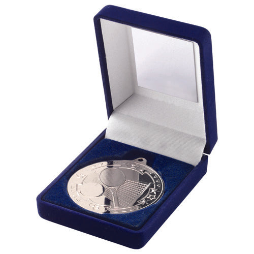 Blue Velvet Box And 50Mm Medal Tennis Trophy Silver - 3.5In