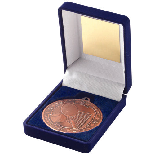 Blue Velvet Box And 50Mm Medal Tennis Trophy Bronze - 3.5In