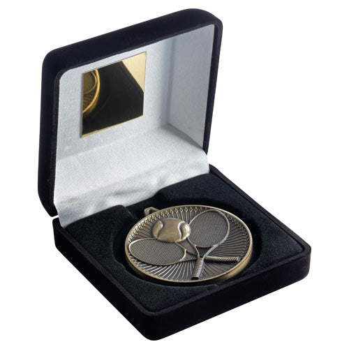 Black Velvet Box And 60Mm Medal Tennis Trophy Antique Gold - 4In