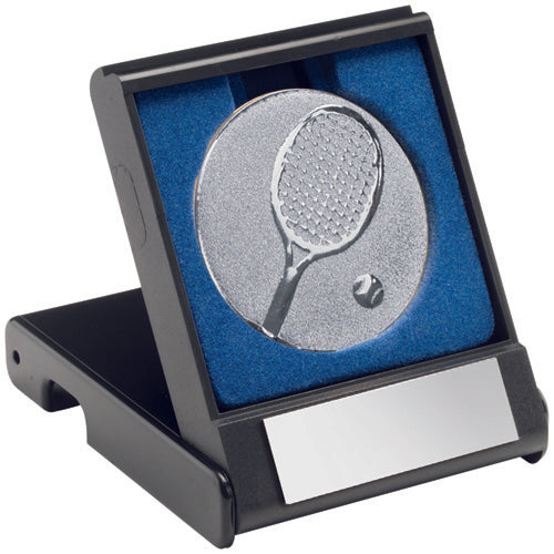 Black Plastic Box With Tennis Insert Trophy Silver - 3.5In