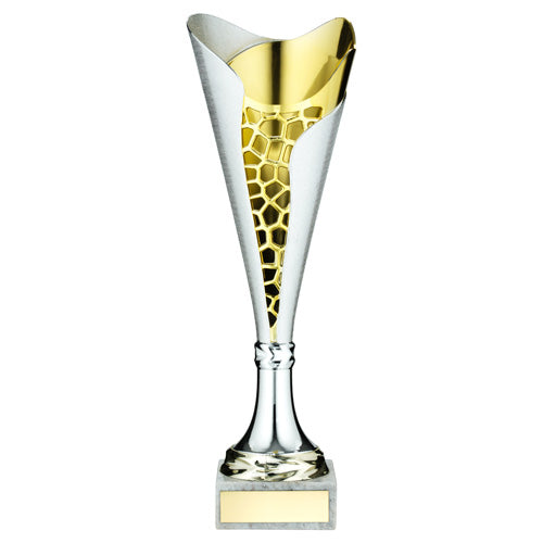 Silver/Gold Plastic Stippled Trophy Cup With Plate - 13In
