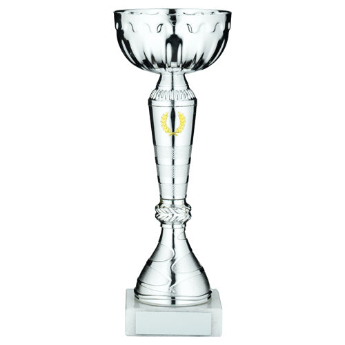 Silver Trophy Cup With Gold Wreath And Plate - 7.5In