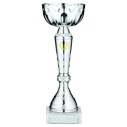 Silver Trophy Cup With Gold Wreath And Plate - 8.5In