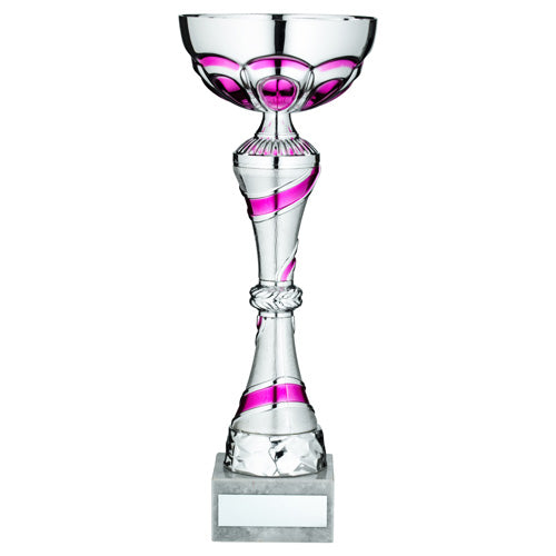 Silver/Pink Trophy Cup With Plate - 10In