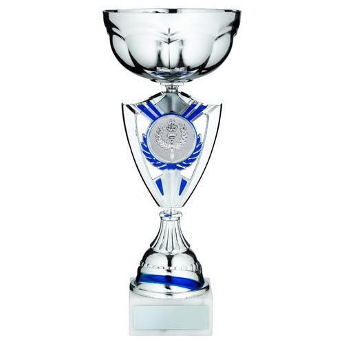 Silver/Blue Shield Trophy Cup With Plate (2In Centre) - 11.75In