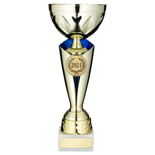 Gold/Blue Trophy Cup With Plate (2In Centre) - 13.5In