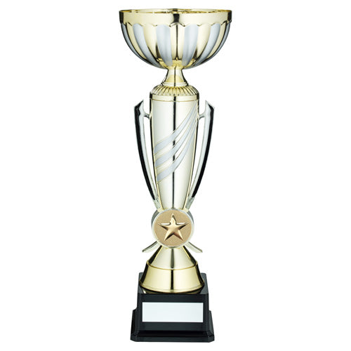 Gold/Matt Silver 3 Stripe Trophy Cup With Plate (2In Centre) - 13.75In