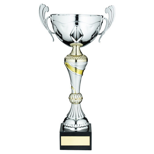 Silver/Gold Trophy Cup With Handles And Plate - 11in