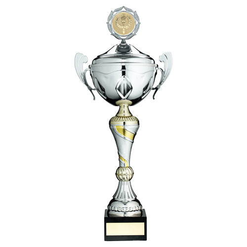 Silver/Gold Trophy Cup With Handles, Lid And Plate (2In Centre) - 14In