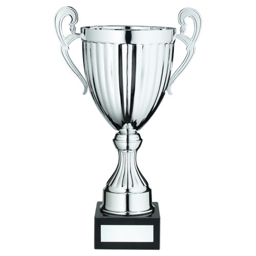 Silver Conical Trophy Cup With Handles And Plate - 10.5In