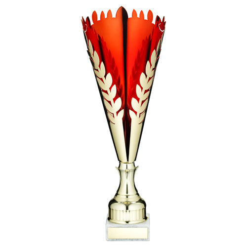 Gold/Red Metal Wreath Trophy Cup With Plate - 13.5In