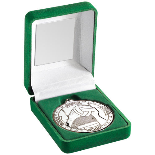 Green Velvet Box And 50Mm Medal Gaelic Football Trophy Silver - 3.5In