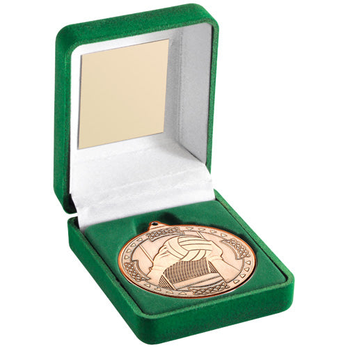 Green Velvet Box And 50Mm Medal Gaelic Football Trophy Bronze - 3.5In