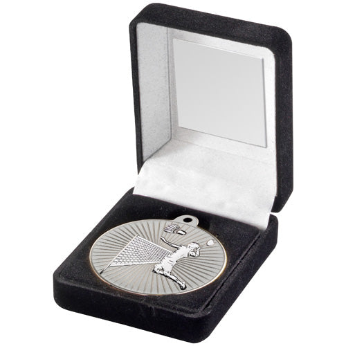 Red Velvet Box And 50Mm Badminton Medal Trophy Matt Silver/Silver - 3.5In