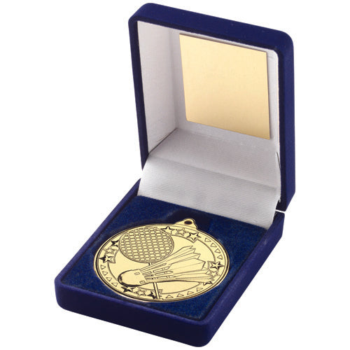 Blue Velvet Box And 50Mm Medal Badminton Trophy Gold - 3.5In