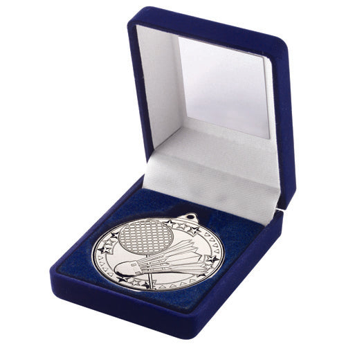 Blue Velvet Box And 50Mm Medal Badminton Trophy Silver - 3.5In