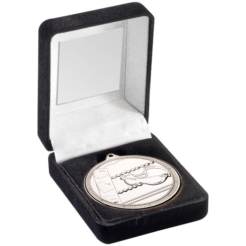 Black Velvet Box And 50Mm Swimming Medal Trophy Silver - 3.5In